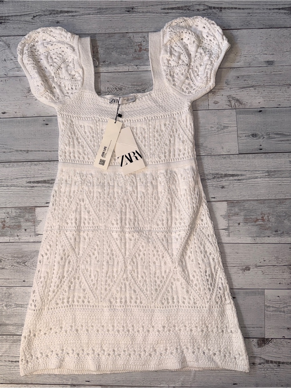 ZARA White Crochet Puff-Sleeve Mini Dress